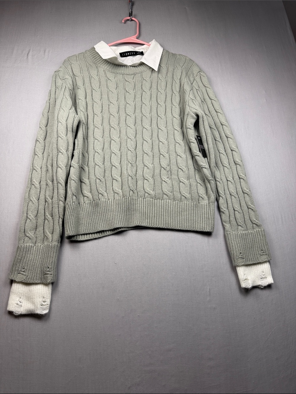 Lioness Coastal Cable Knit Crewneck Sweater - Sage Green (removable collar)